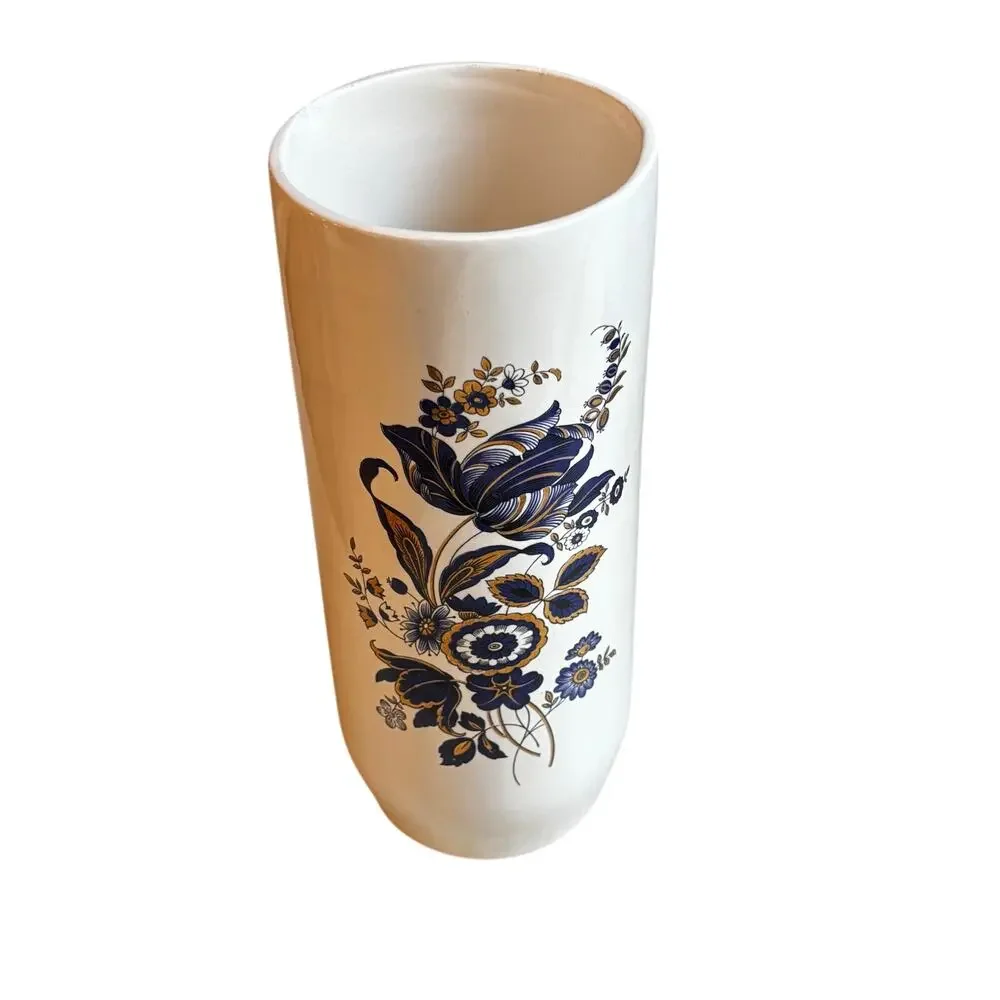 Vintage porcelain cylinder vase cobalt blue floral gold highlights hobbyist
